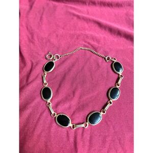 Vintage Style Black Oval Cabochon Gold Tone Link Bracelet Adjustable